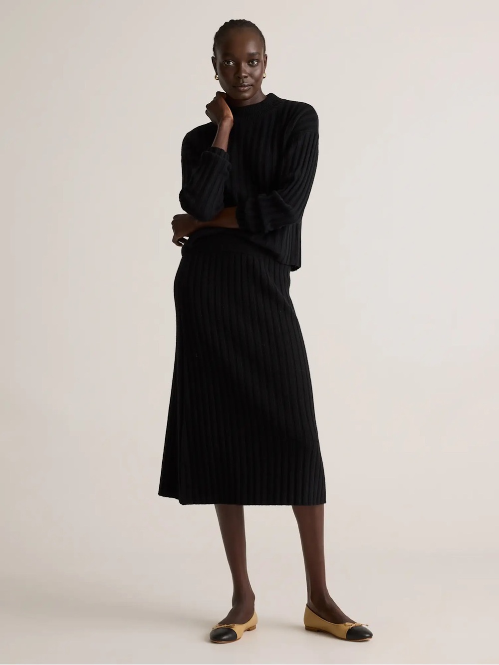 NEW Quince Mongolian Cashmere Black Ribbed Knit Midi Skirt
